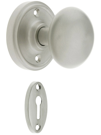 Classic Rosette Mortise Lock Set with Round Brass Knobs in Satin Nickel.